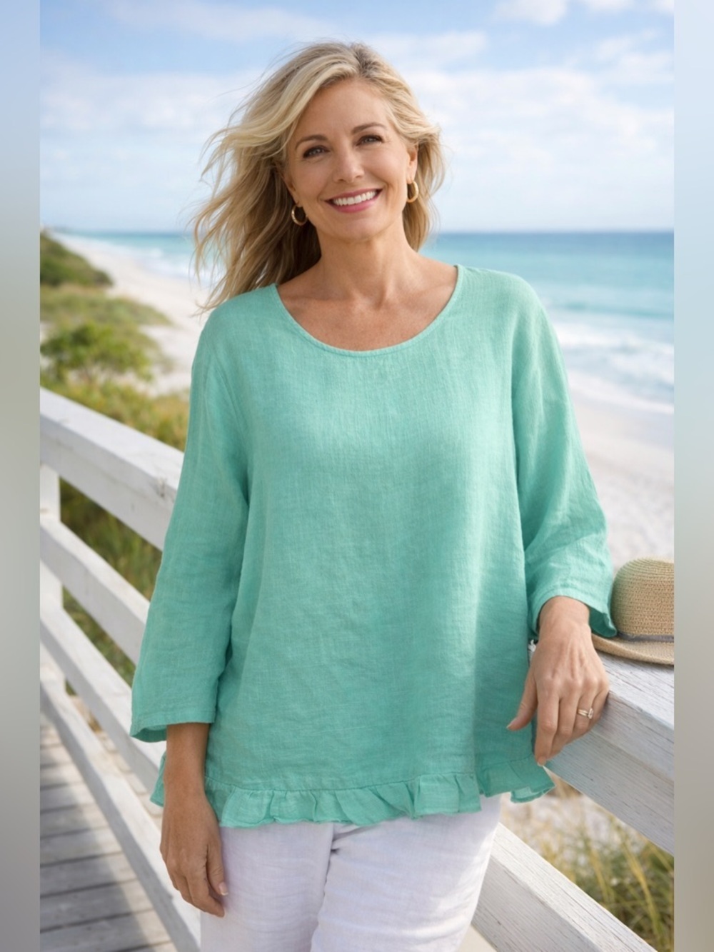 Lantana Casuals Sea Green Linen Long Sleeve Top Sz XL Ruffle Hem Coastal Boho